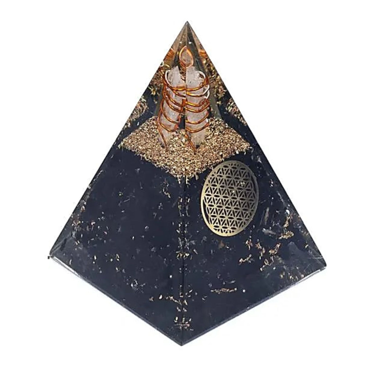 Orgonit pyramid - svart turmalin & Livets blomma (smal/hög modell)